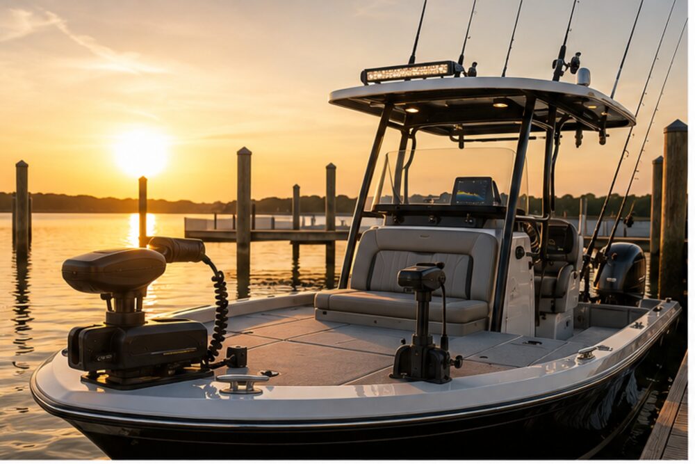 Bow-mounted GPS trolling motor on a boat at golden hour
