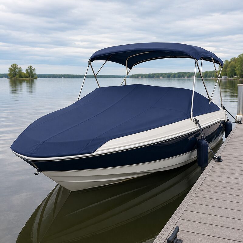 Boat with a fitted navy cover and bimini top docked on calm water