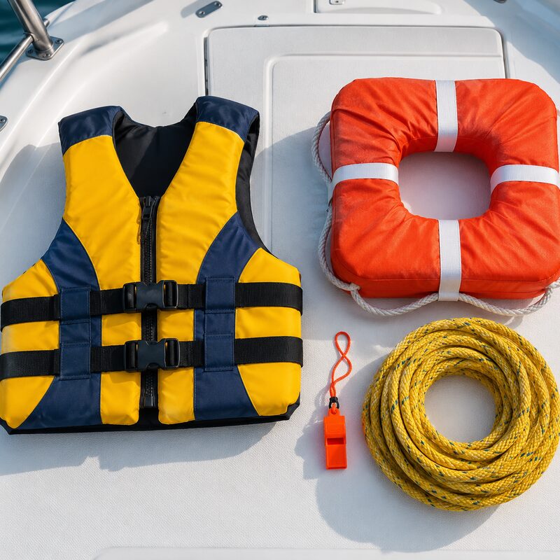 Yellow and navy life jacket, ring buoy, whistle and rope on a boat deck