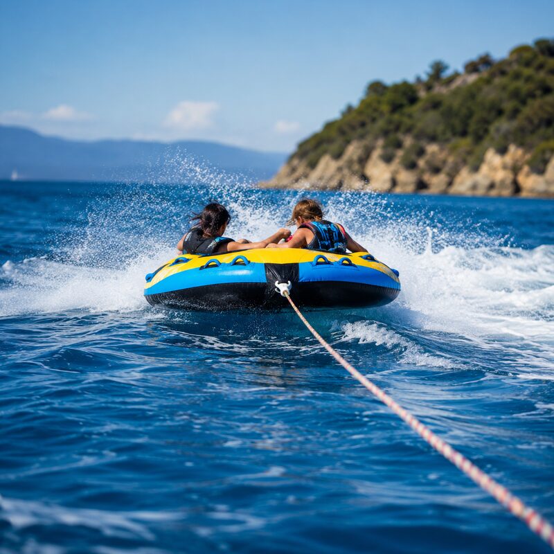Colorful inflatable towable tube being pulled behind a boat